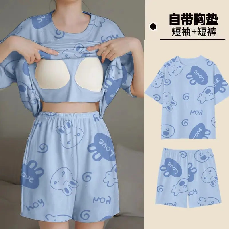 Summer Women's Pajamas Set Sleepwear 2 PCS - Short Tank Tops and Shorts with Chest Pad Womens Printing Pyjama Home Leisure Suit