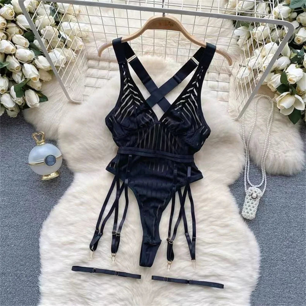 Women's V-neck Sexy Elegant Lace Camisole Jumpsuit Hollowed Transparent Tight Fitting Pajama Adjustable Shoulder Straps Hotsweet