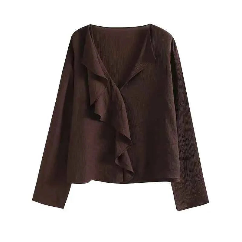 YENKYE Spring 2025 Women Brown Long Sleeve V Neck Ruffle Shirt Office Casual Blouse Blusas Mujer