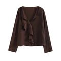 YENKYE Spring 2025 Women Brown Long Sleeve V Neck Ruffle Shirt Office Casual Blouse Blusas Mujer