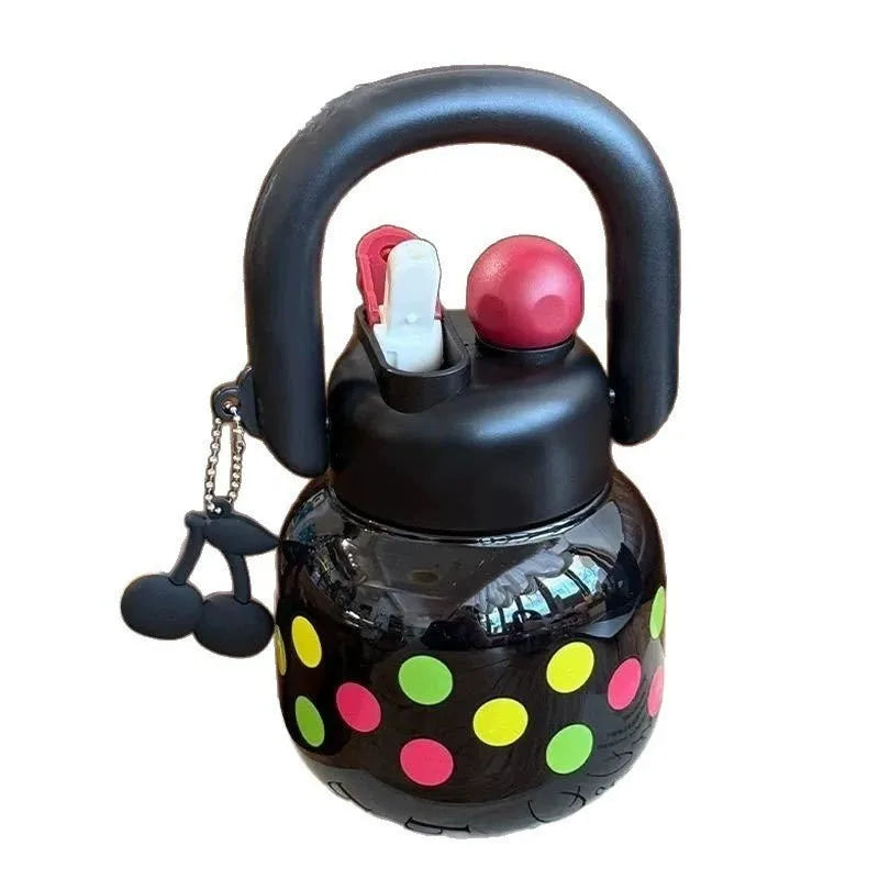 Cute Water Bottle with Decoration, Dual Straws Design, Anti-Lipstick Stain, Detachable Travel Strap Durable Plastic Material