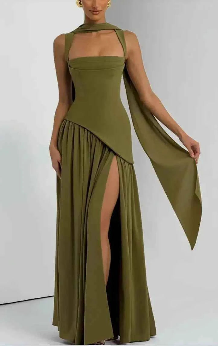 Suninheart Summer Elegant Olive Green Maxi Dress for Women Flowy Long Dress with Scarf Birthday Party Beach Graduation dress