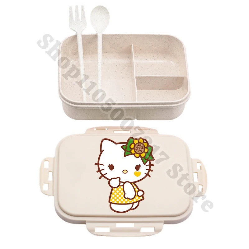 Kids Portable Plastic Lunch Box Hello Kitty Cartoon Cute Lunchbox with Spoon Fork Children Anime Food Fruit Containers Xmas Gift