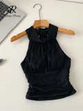 SINGREINY Office Lady Elastic Slim Tank Top Fashion Women Halter Sleeveless Lace Up Solid Short Camis Ruched Backless Sexy Top