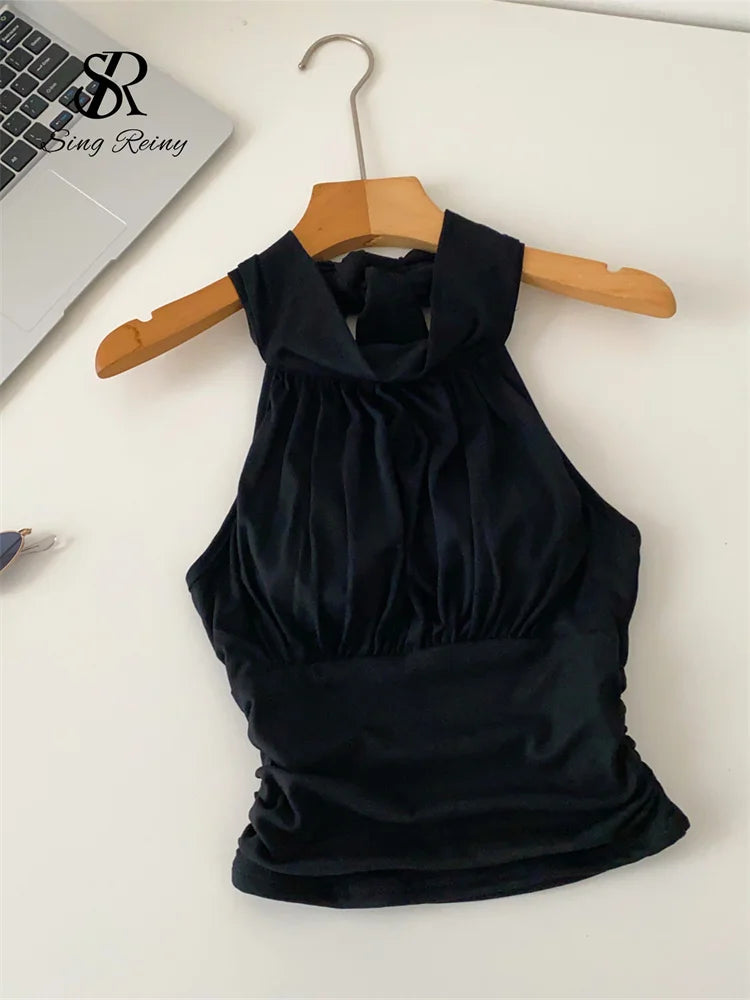 SINGREINY Office Lady Elastic Slim Tank Top Fashion Women Halter Sleeveless Lace Up Solid Short Camis Ruched Backless Sexy Top