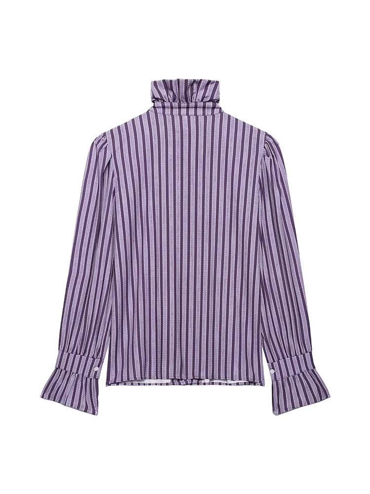 Sweet Women Ruffles Plaid Purple Shirts 2025 Fashion Ladies Casual Stand Collar Blouses for Party Female Elegant Tops Clothes