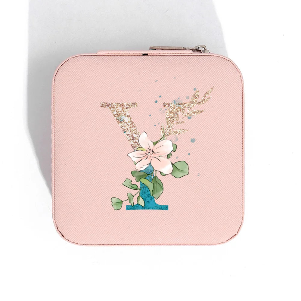 A-Z Alphabet Print Pink Travel Jewelry Organizer with Zipper Closure and Fabric Lining