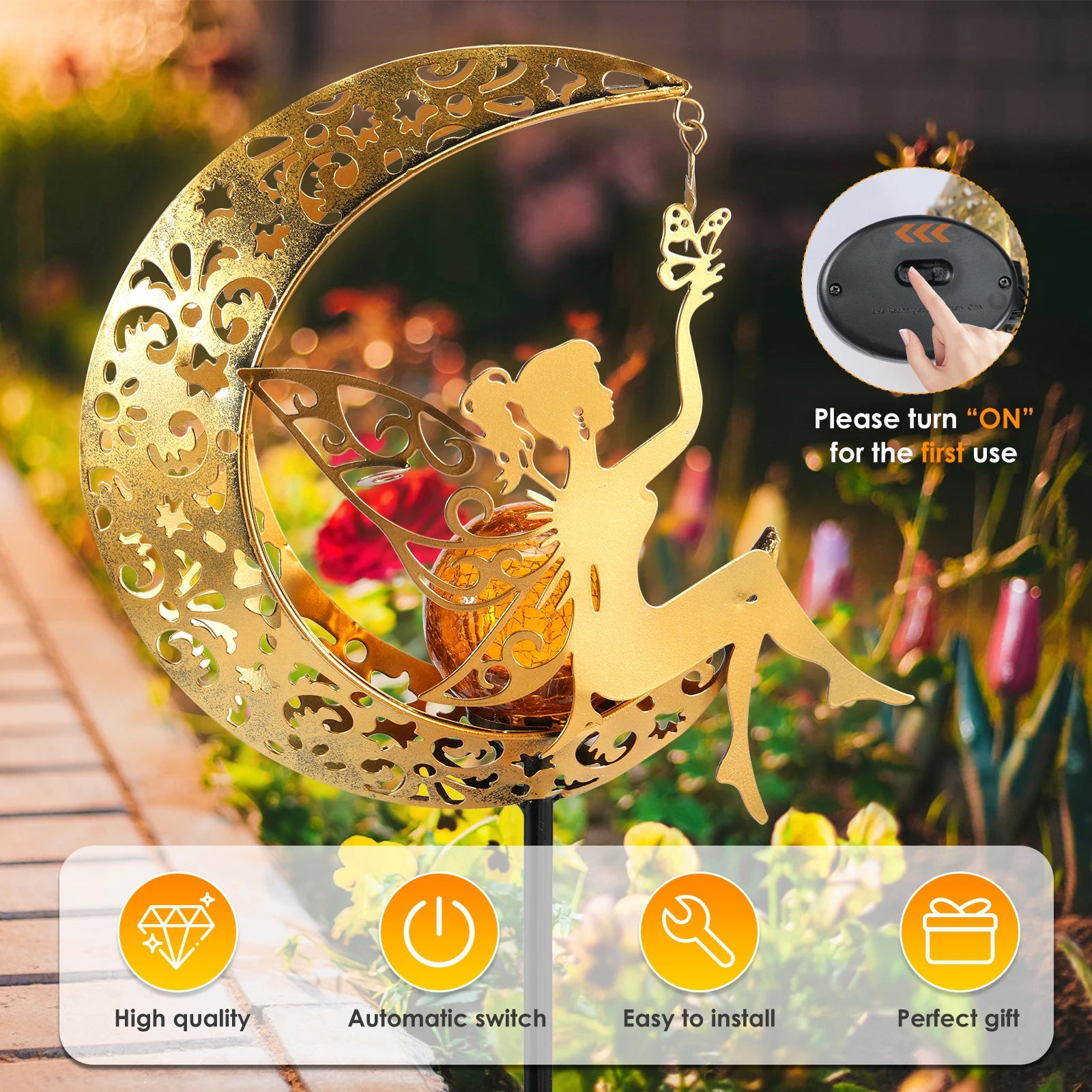 Solar Garden Lights Moon Fairy Crackle Glass Stake Lights Waterproof Warm White LED Metal Decorative Lights Outdoor Pathway