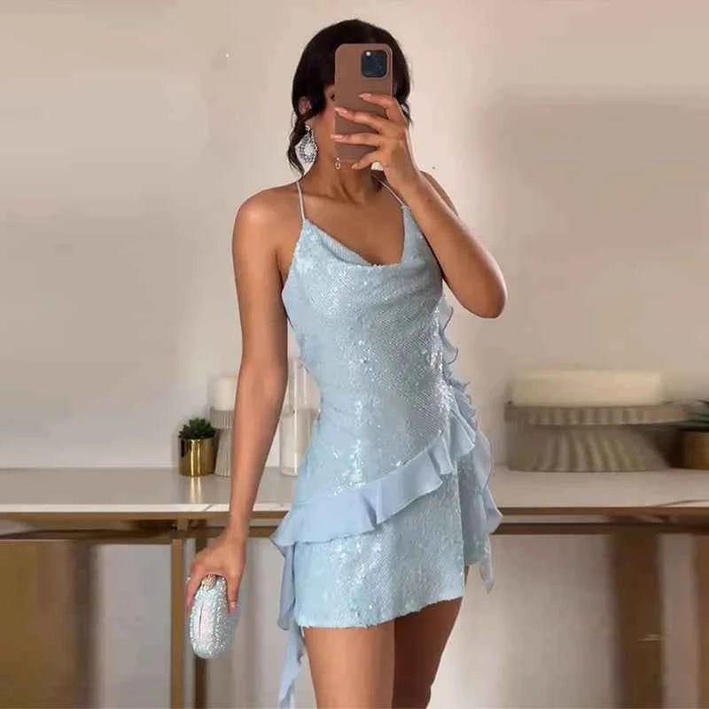 Glitter Flounce Mini Dress Woman Cinched Waist Sleeveless A-Line Halter Dresses Sexy Chic Women's Fashion Summer Short Dresses