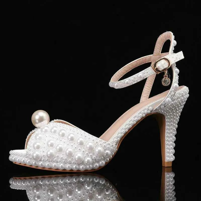 2025 Autumn New Fish Mouth High Heels Waterproof Platform Shallow Mouth 8.5cm Pearl Women'S Single Shoes Bride Wedding Shoes