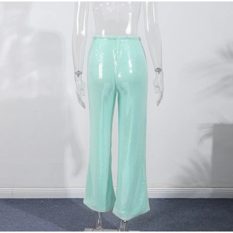 Loose Solid Color Sequin Pants Woman Cinched Waist Glitter Straight Baggy Long Pants Casual Street Chic Sparkle Women's Trousers