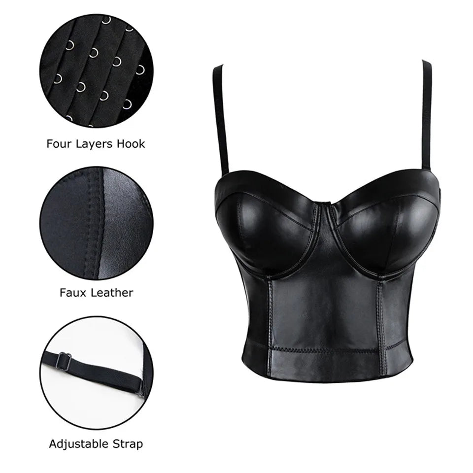 Aonve Women Summer Sexy Top PU Leather Festival Clothing Tops Bralette Cropped Top Female Punk Goth Clubwear Black Red Plus Size