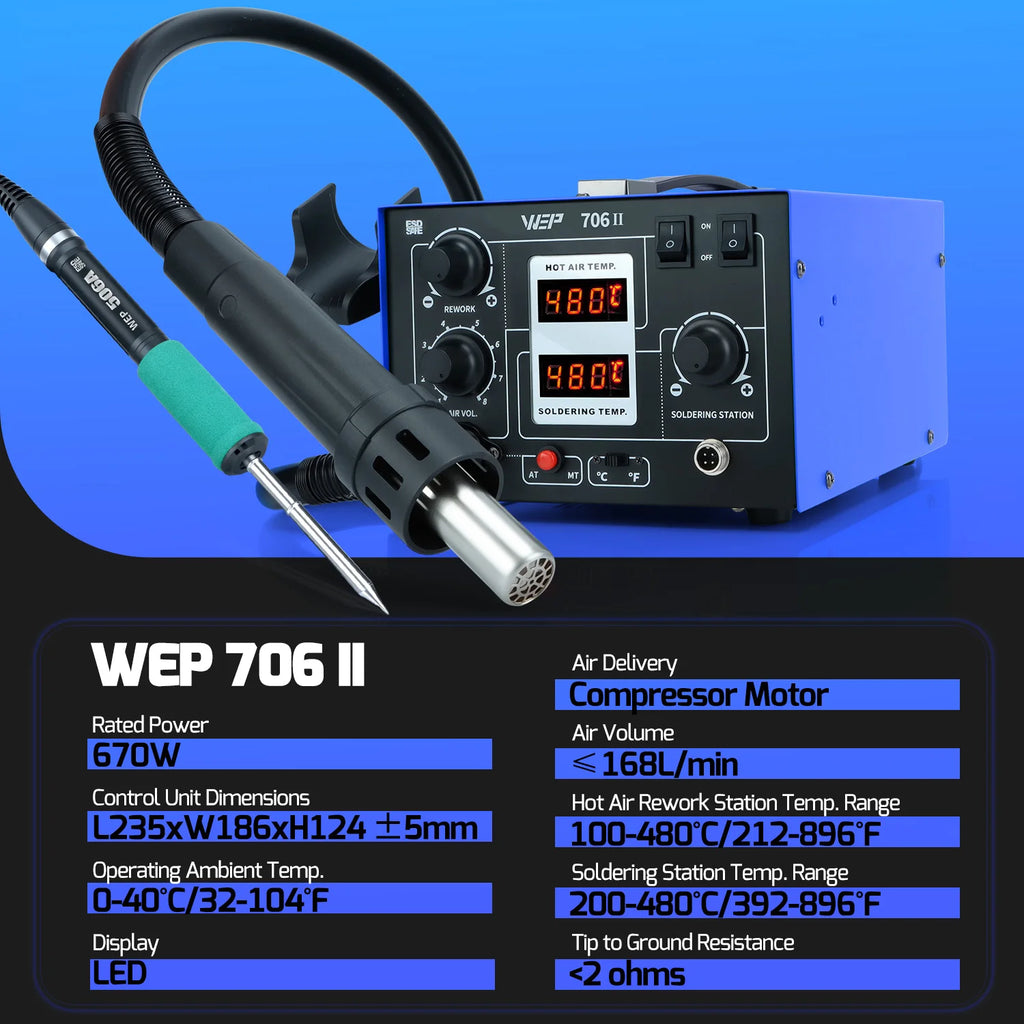 WEP 706-II T12 Soldering Station With Hot Air Gun Air Pump Welding Iron  2-in-1 Desoldering Reowrk Station PCB SMD Repair Tool