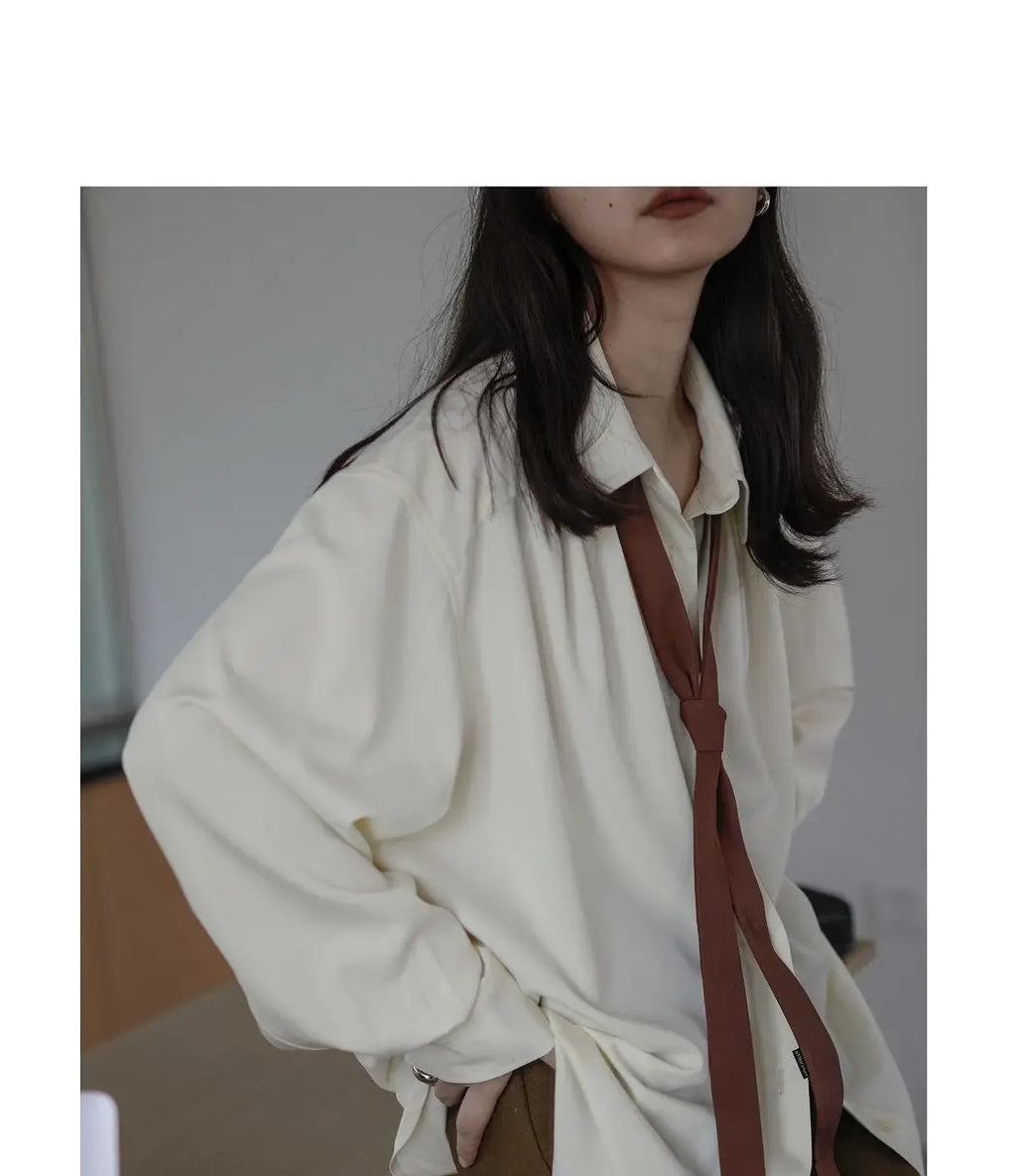 2026 Summer Women's Oversized Long Sleeve Blouse 2026 Summer New Arrival Tie Neck Shirt Loose Fit Office Elegant Fashion
