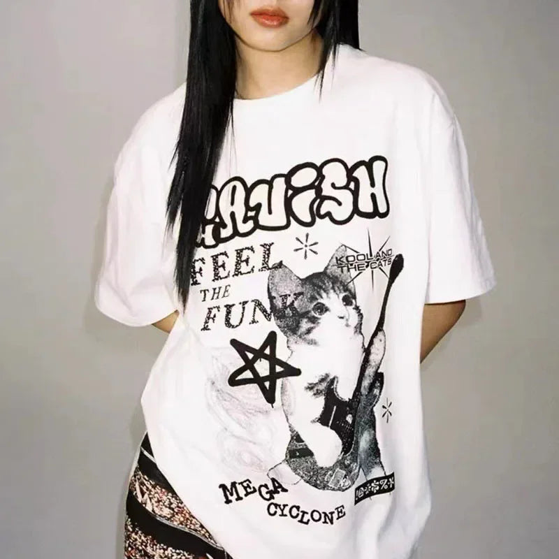 American Cat Rock Guitar Graphic Short Sleeve T-Shirt Loose Korean Fashion Oversized Women's Summer Clothes Y2k Streetwear