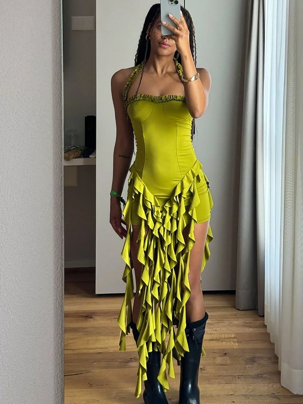 Dulzura Sleeveless Halter Ruffles Patchwork Mini Dress Women’S Solid Sexy Outfit Prom Party Clubwear Autumn Winter Clothes