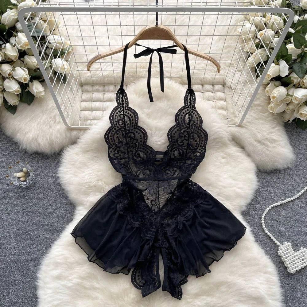 Summer Girls Sexy Hot Sweet Transparent Suspender Mini Dress Women Elastic Waist And Backless Strap Lolita Pajamas Bubble Skirt