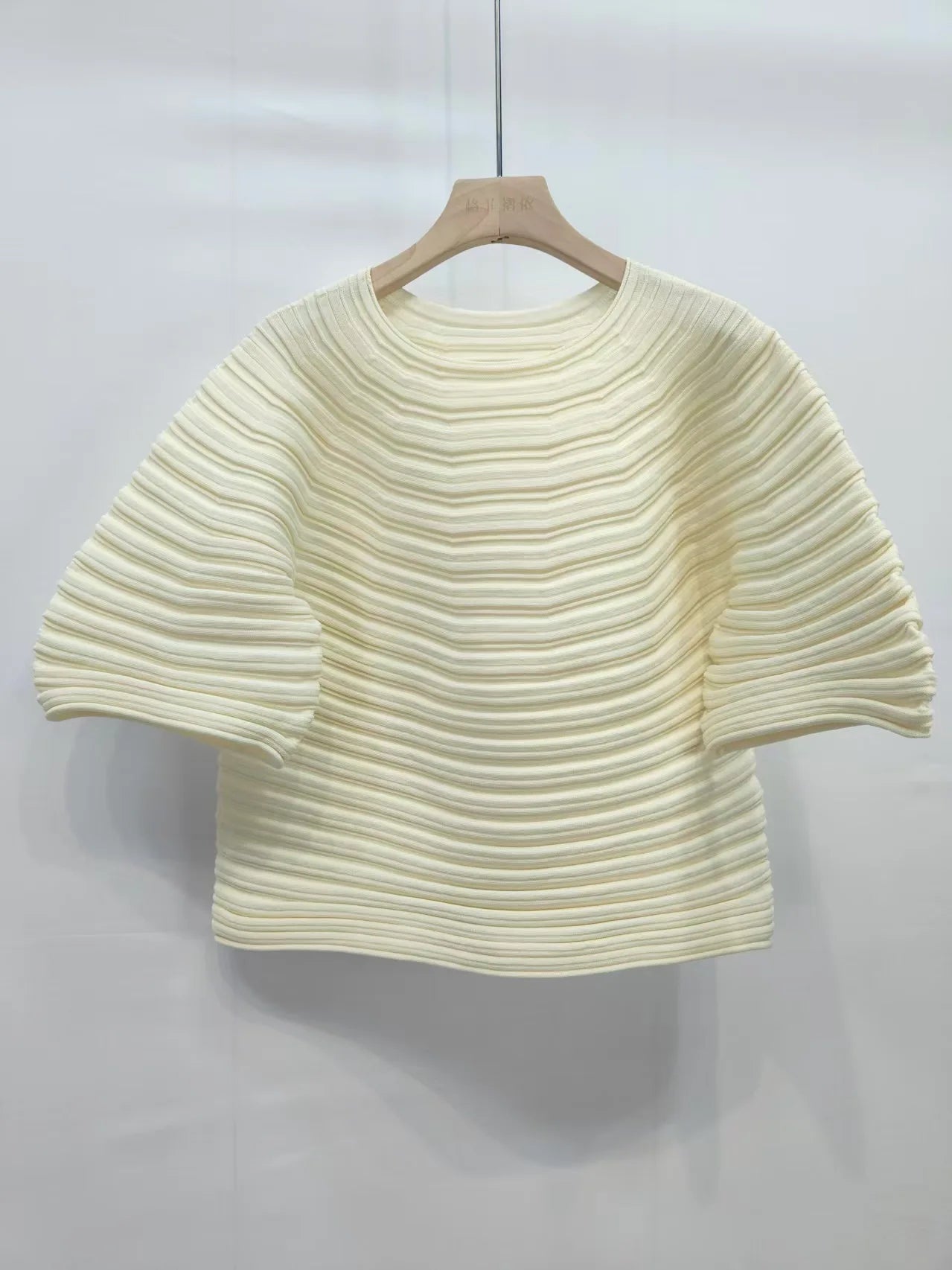 LANMREM Casual Pleated Texture Round Neck Half Sleeve Thick Wome's T-shirt Chic New Knitwear Fashion Pullover Top Chic 2DB5036
