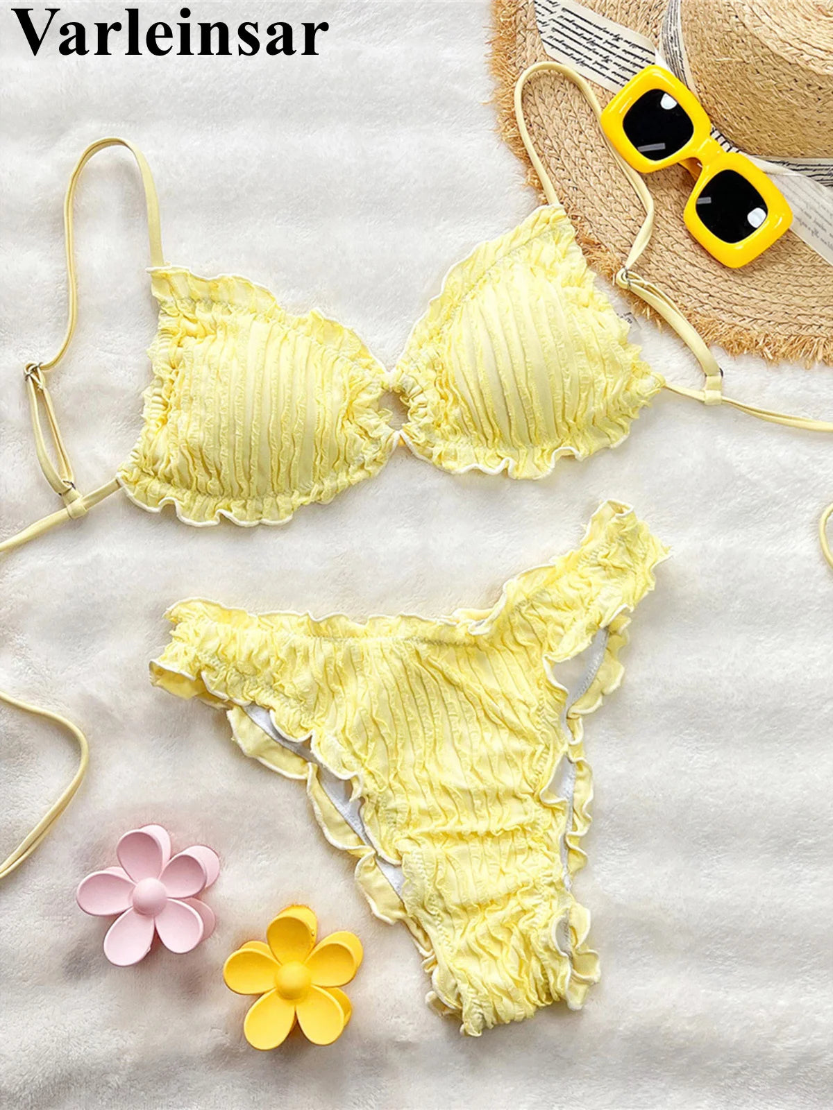 Wrinkled Crinkled Frilled Bikini Female Swimsuit Women Swimwear Two-Pieces Bikini Set Brazilian Bather Bathing Suit Swim V8053