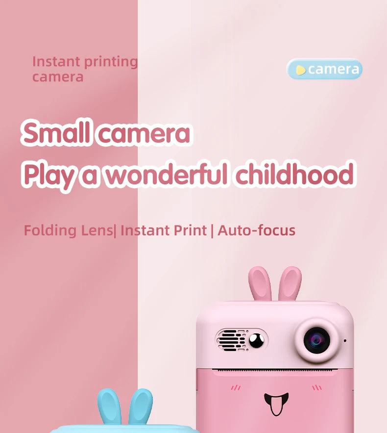Kids Photo Camera Printer with Game Cute Bunny Mini Digital Video Child Instant Print Camera 4-12 Years Kids Girls Boyes Gifts