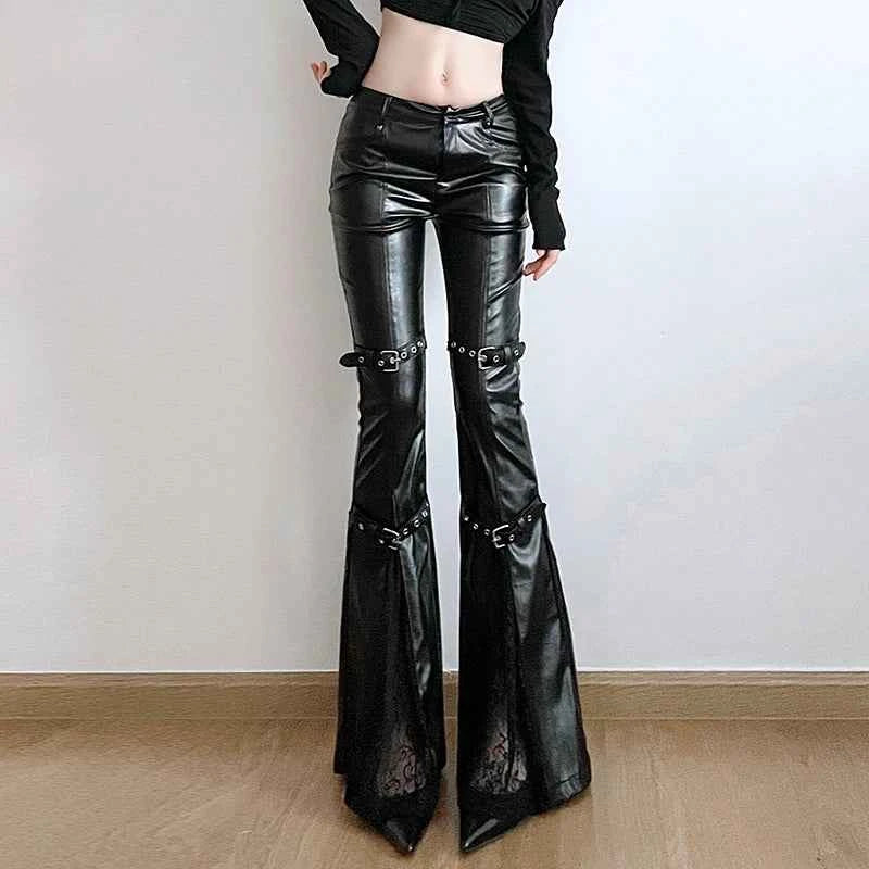 SUCHCUTE PU Leather Flare Pant Goth Buckle Lace Patchwork Pants Women Fashion Y2K Streetwear Vintage Aesthetics Casual Trouesrs