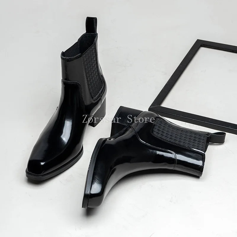 Autumn Winter New Mens 5 CM High Heels Warm Genuine Leather Ankle Boots Shoes Men Business Dress Work Boots Black Wedding Shoes