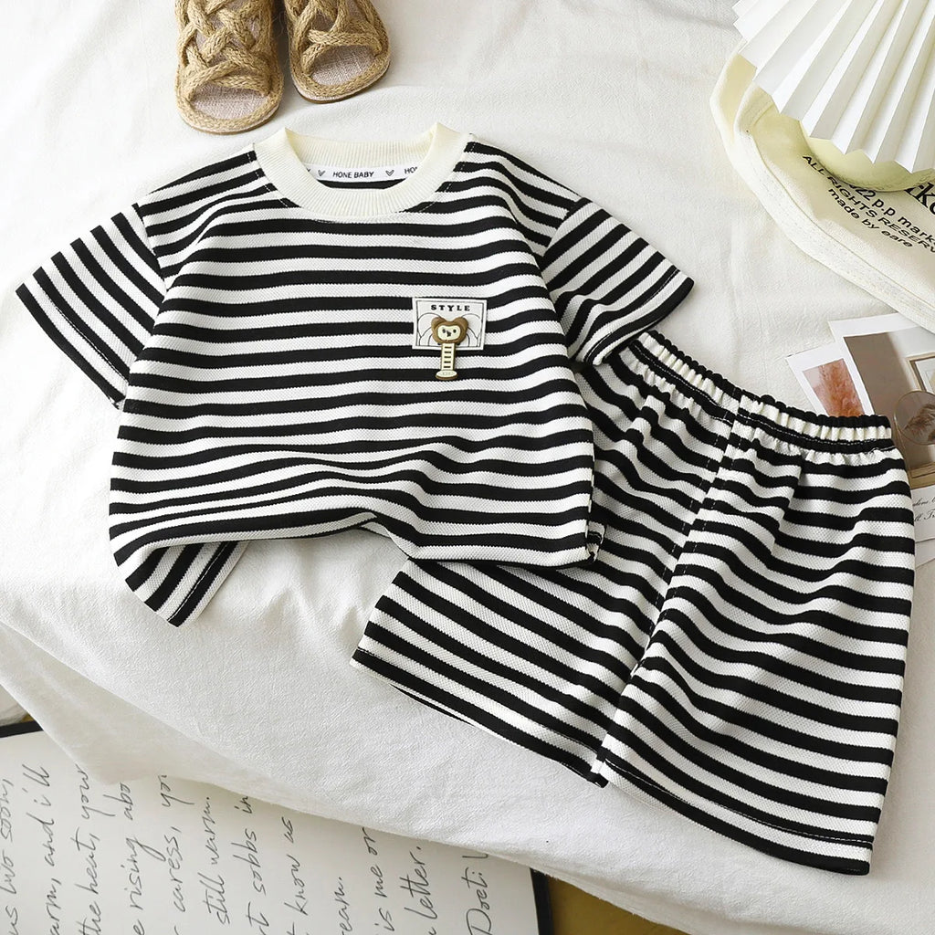 Children's Suit 2PCS Set New Summer Short Sleeve +Shorts Striped Boy Girl Child T-shirt Baby Clothes Children's Clothing
