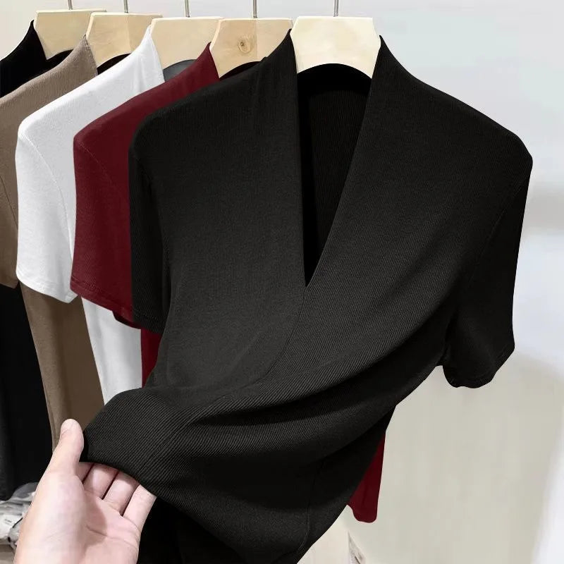 Summer Threaded Women's Short-sleeved T-shirt Fashion Versatile Base Shirt Plus Size Slim Fit V-neck T-shirt Casual and Sexy Top