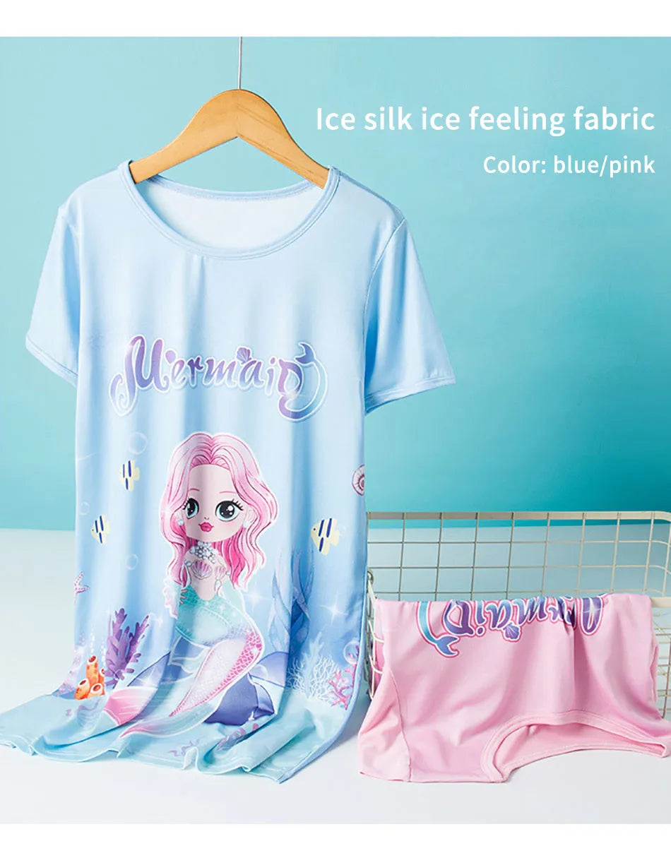 Girl Mermaid Dress Children Short Sleeve Summer Princess Dress Breathable Cartoon Print Girls Soft Silk Nightgown Kids Sleepwear