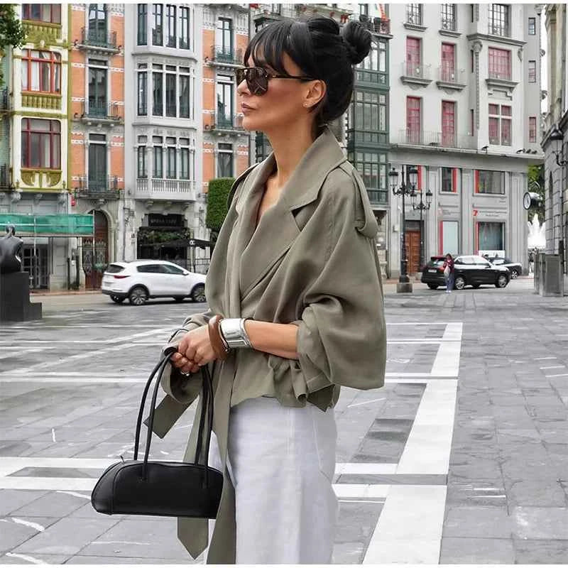 Cropped Lace-up Blue Casual Trench Coat Women Lapel Long Sleeve Wide Shoulder Windbreaker Jacket Fall Commute Daily Streetwear