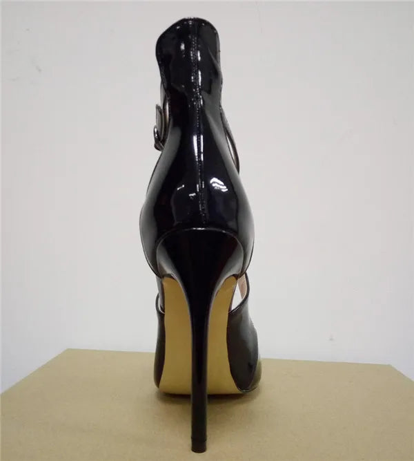 2025 New Baotou Buckle Stiletto High Heels European and American Lacquer Cross Strap Roman Cool Boots Large Size 33-46