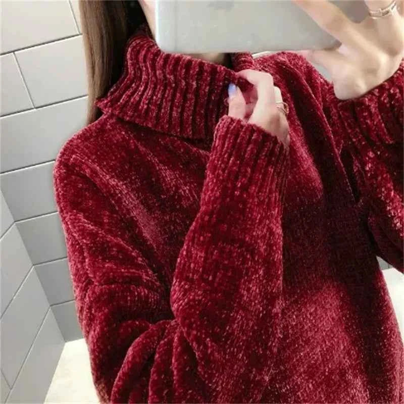 Chenille Turtleneck Sweater Women's Autumn Winter 2025 New Loose Elastic Thick Knitted Sweaters Solid Female Warm base Shirt