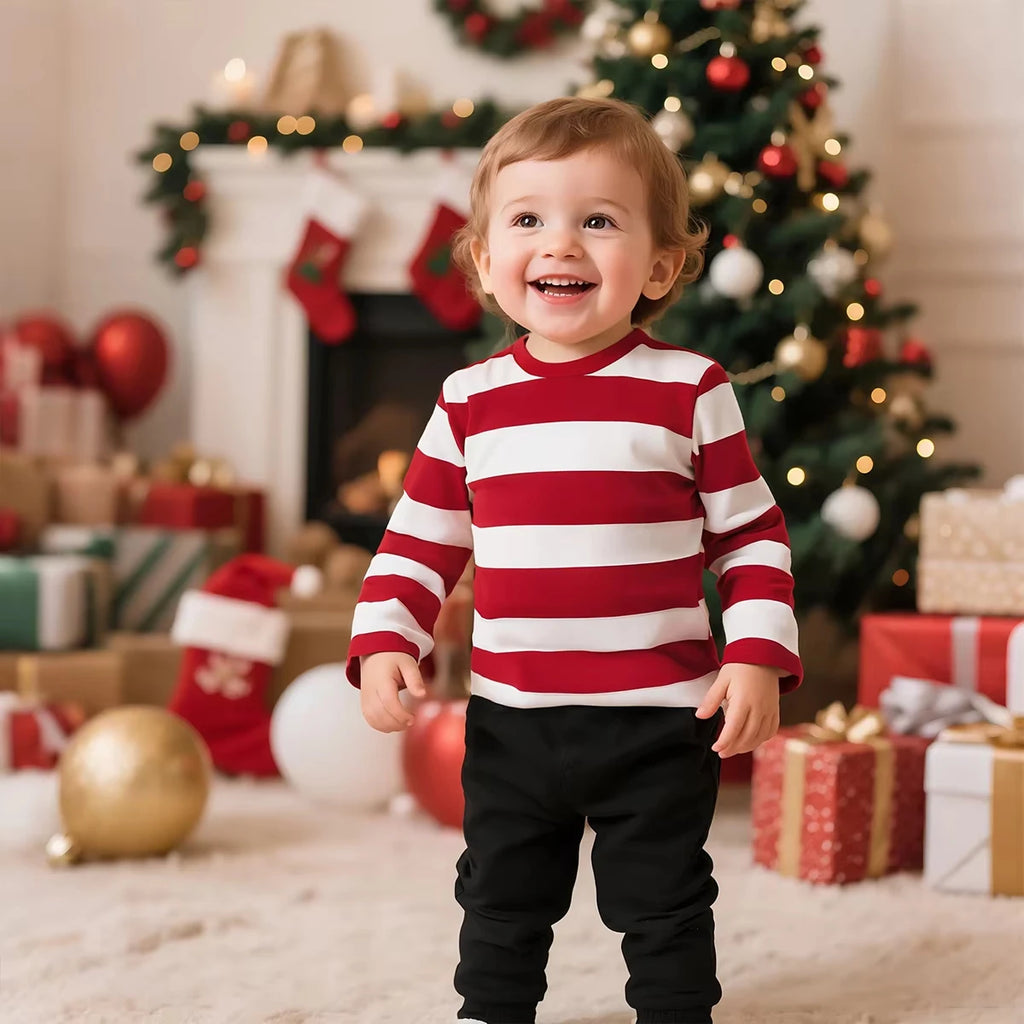 Kids Red and White Striped Shirts Boys Girls  Long Sleeve Casual Cotton T Shirts child Adult children long sleeved Tshirt