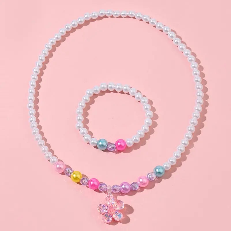 2pcs Colorful Cartoon Unicorn Flower Animal Child Sweater Necklace Bracelet Girl's Gifts Children's Jewelry Kids Toys