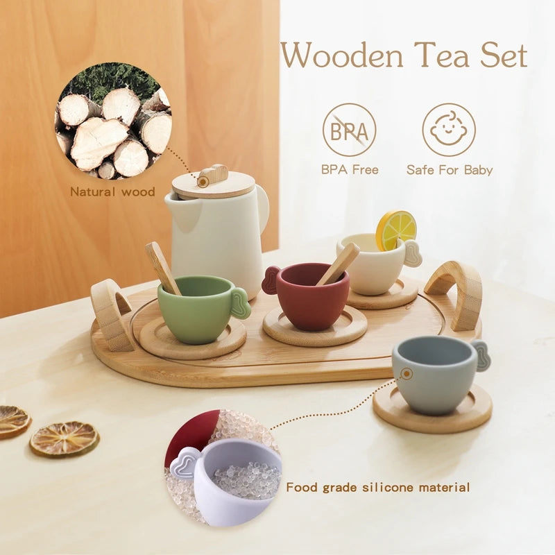 Baby Play Set 9pc Afternoon Tea Set Children's Play House Toy Afternoon Tea Set Pot Food Grade Silicone Toys for Girl Gifts