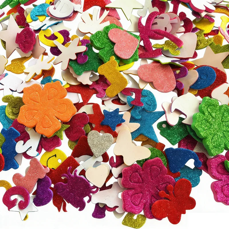 100PCS Glitter Foam Stickers Assorted Shapes Self-Adhesive Craft Stickers for Kids DIY Scrapbooking Card Making Classroom Decor
