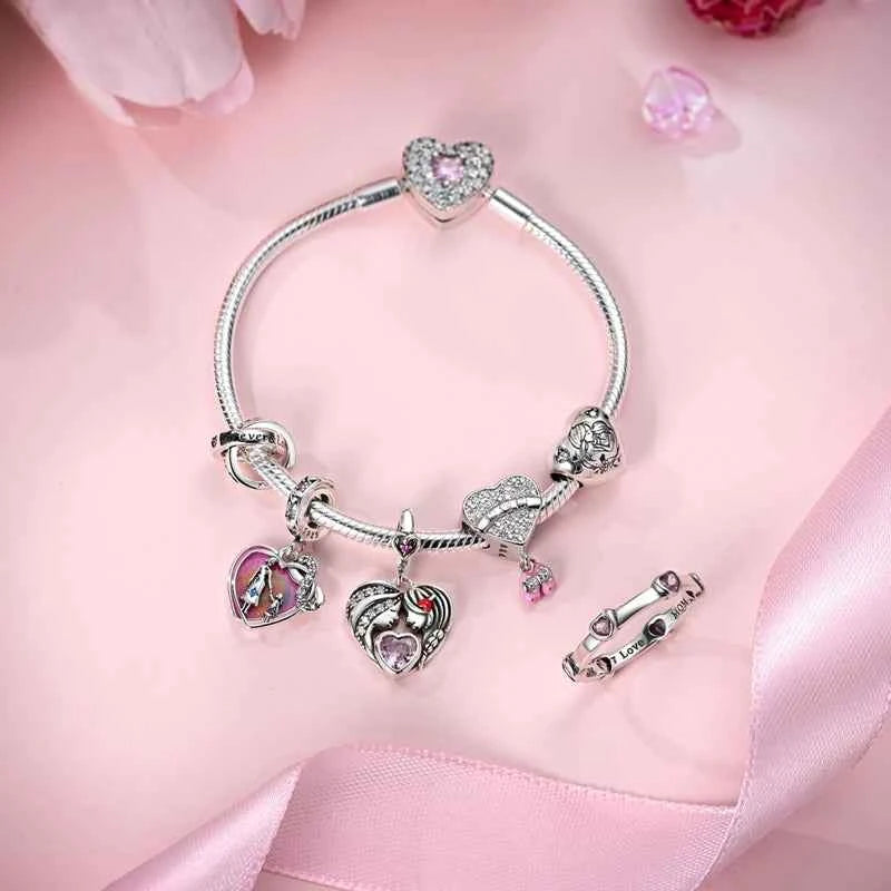 Original 925 Sterling Silver Charm Bead Mother's Day Love Heart Family Charm Bead Pendant Fits Bracelet Womens Jewelry Gifts