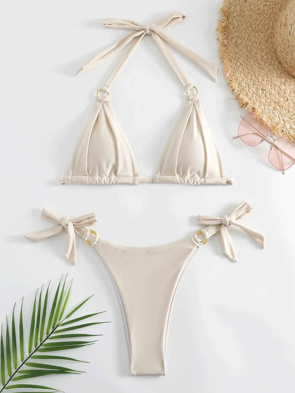 Micro Bikini Sexy Women Swimsuit 2024 Solid Beige Halter Ring Linked Push Up Mini Bikinis Summer Bathing Suit Thong Swimwear