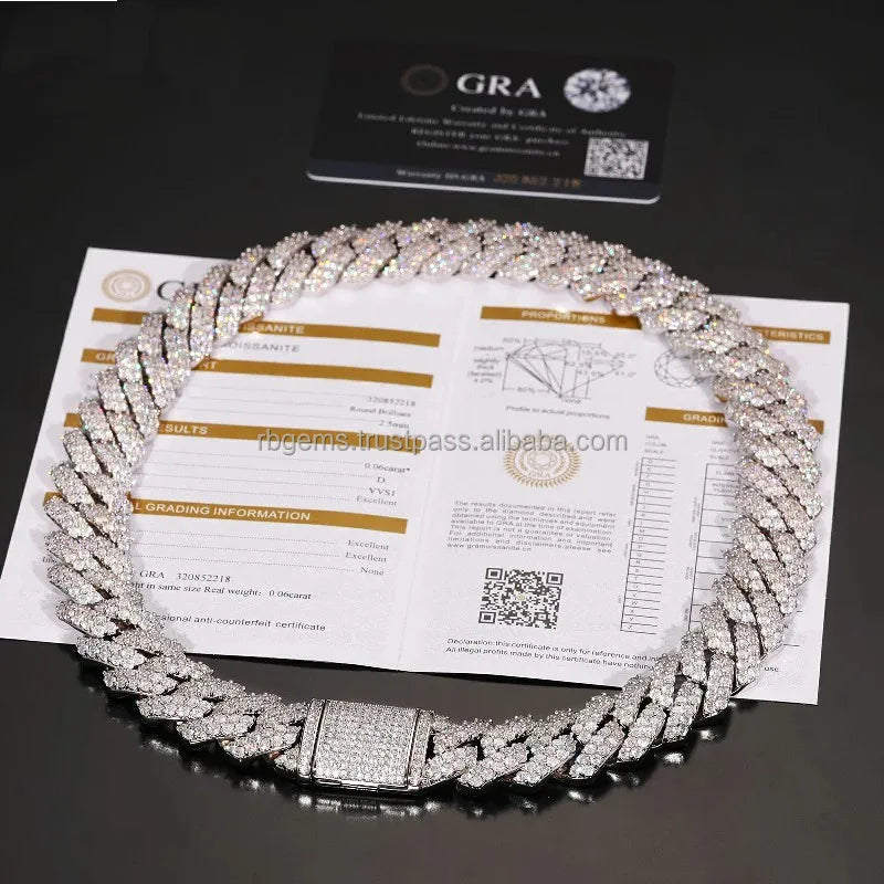 IGI Certified 14K Gold & 925 Sterling Silver Rope Chain Cuban Necklace Bezel Setting VVS Moissanite Trendy Gift