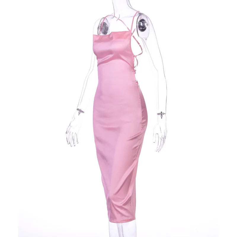 Sexy Slash Neck Back Cross Bandage Bodycon Dress Women Spaghetti Strap Solid Color Mid-calf Dress Elegant Club Party Vestidos