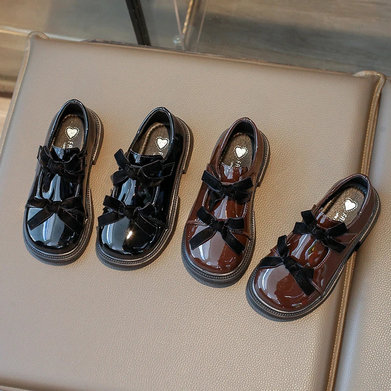 Chic Girls Black Mary Jane Shoes with Double Bowknot Spring Autumn Kids Princess Leather Shoe Fashion Causal Children Flat Shoes