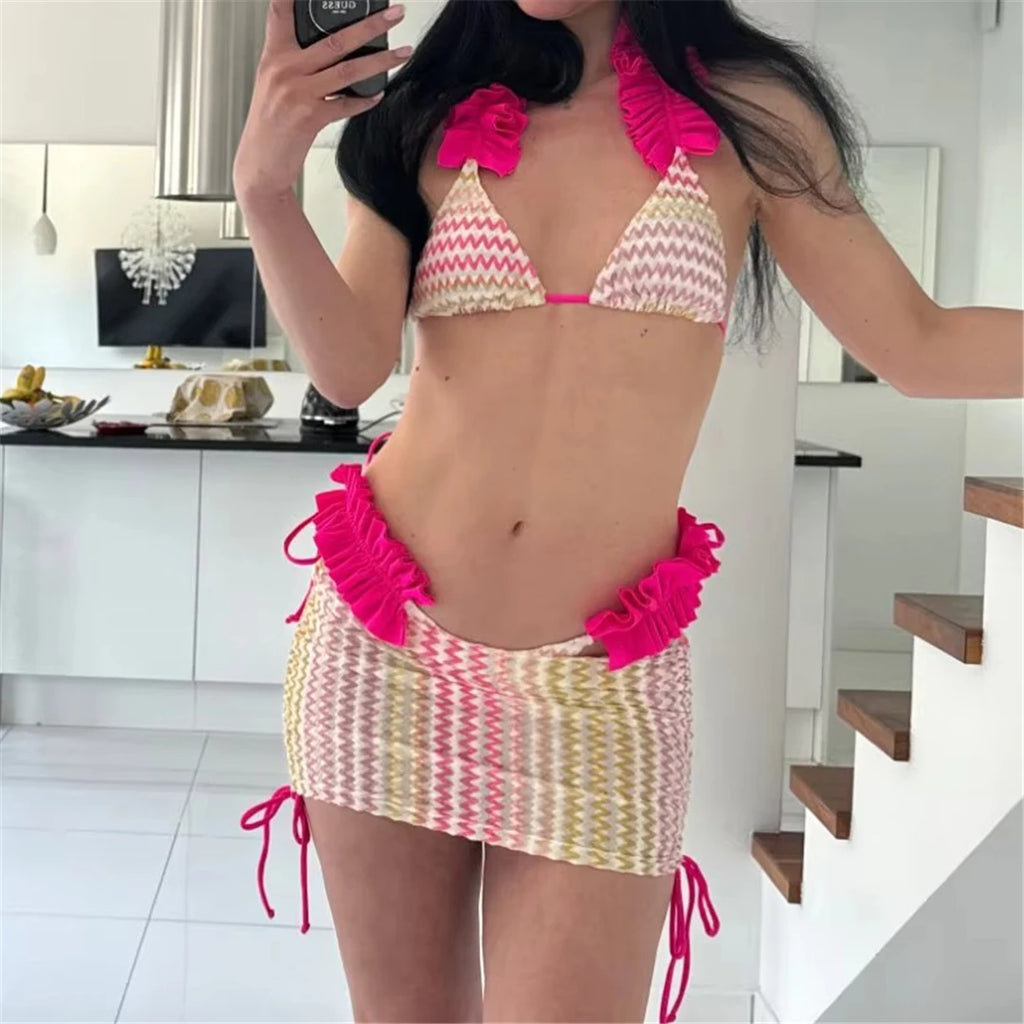 With Skirt Waved Ruffled Frilled Bikini Female Swimsuit Women Swimwear Three-Pieces Bikini Set Bather Bathing Suit Swim V5235