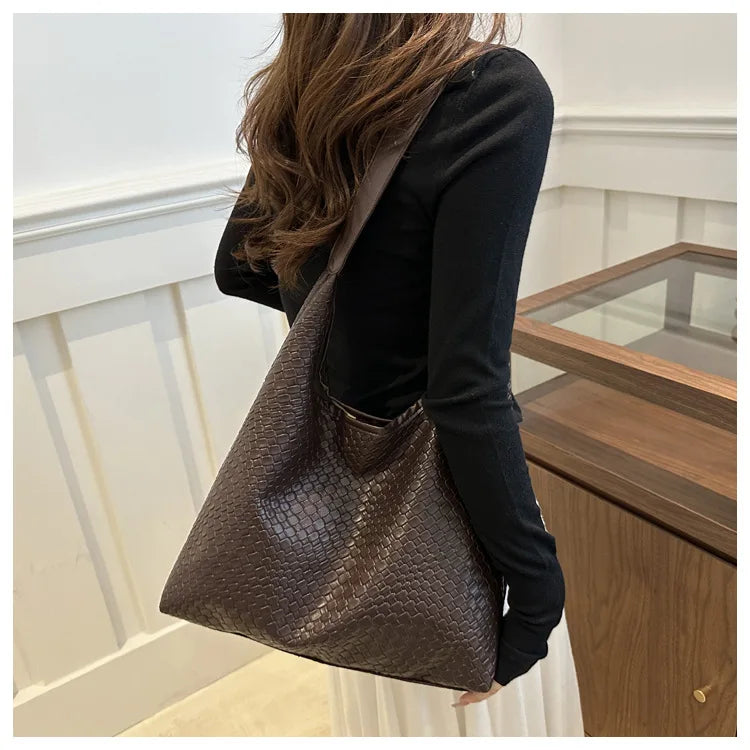Women's Retro Artificial Leather Woven Pattern Shoulder Bag,Large Capacity Tote Bag,Casual Armpit Bag, Large Tote Bag,Daily Work