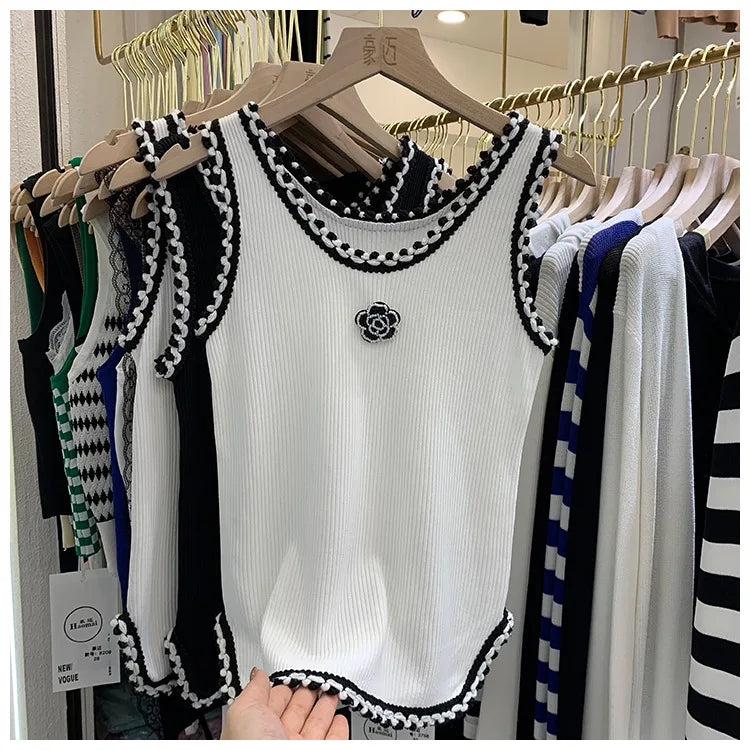 Women Summer Thin Curved Beads Knitted Vest Sleeveless Knit Camisole Tops Female O-Neck Outer Wear Inner Top Tank Rose