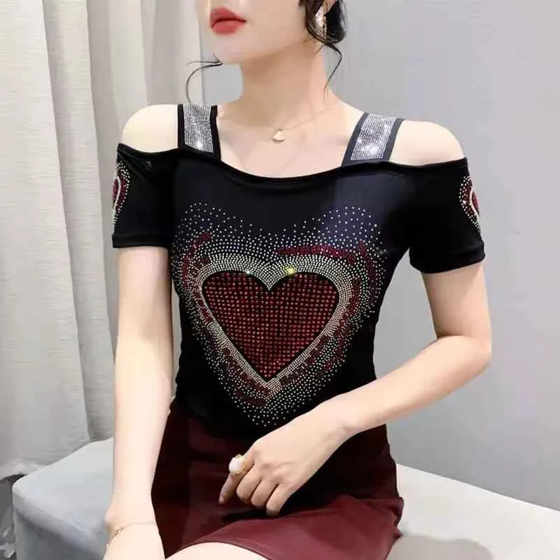 New Arrival Summer European Clothes Women's T-Shirts Chic Luxury Butterfly Hot Diamonds Tees Sexy Girl Slim Streetwear Tops