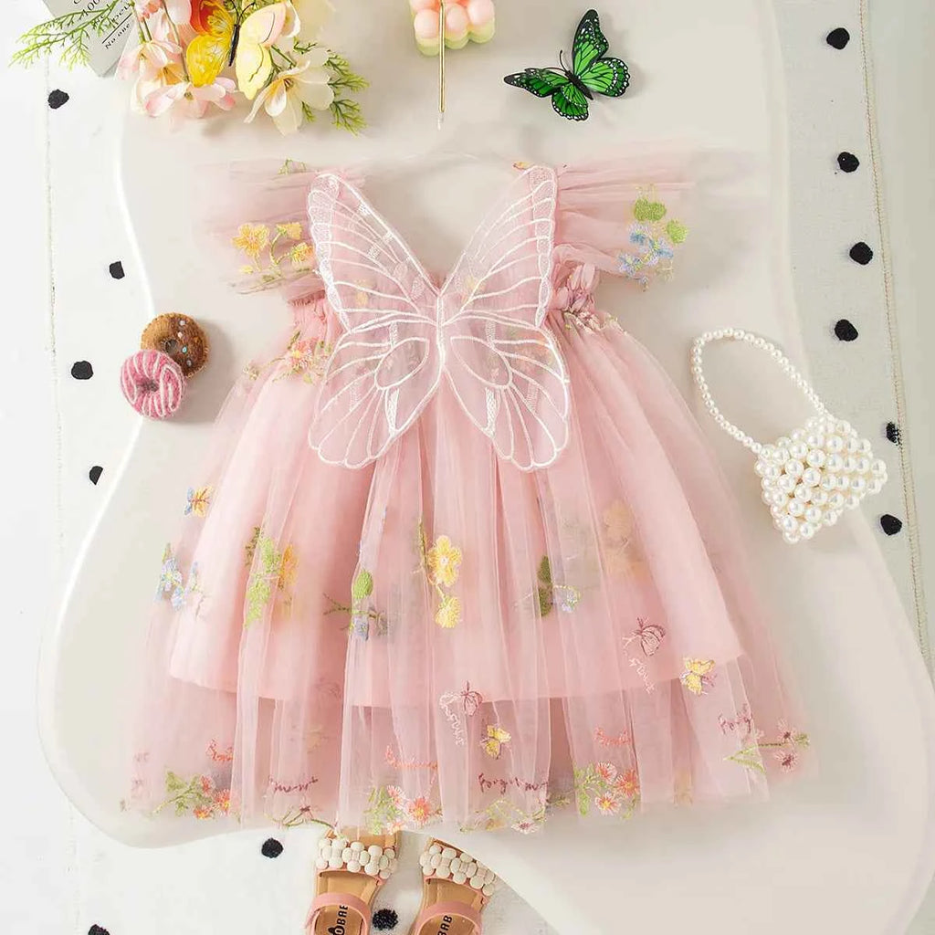 Summer New Girls' Dress Halter Small Flying Sleeve Embroidery Pattern Wings Sweet Princess Dress Mesh Princess Dress