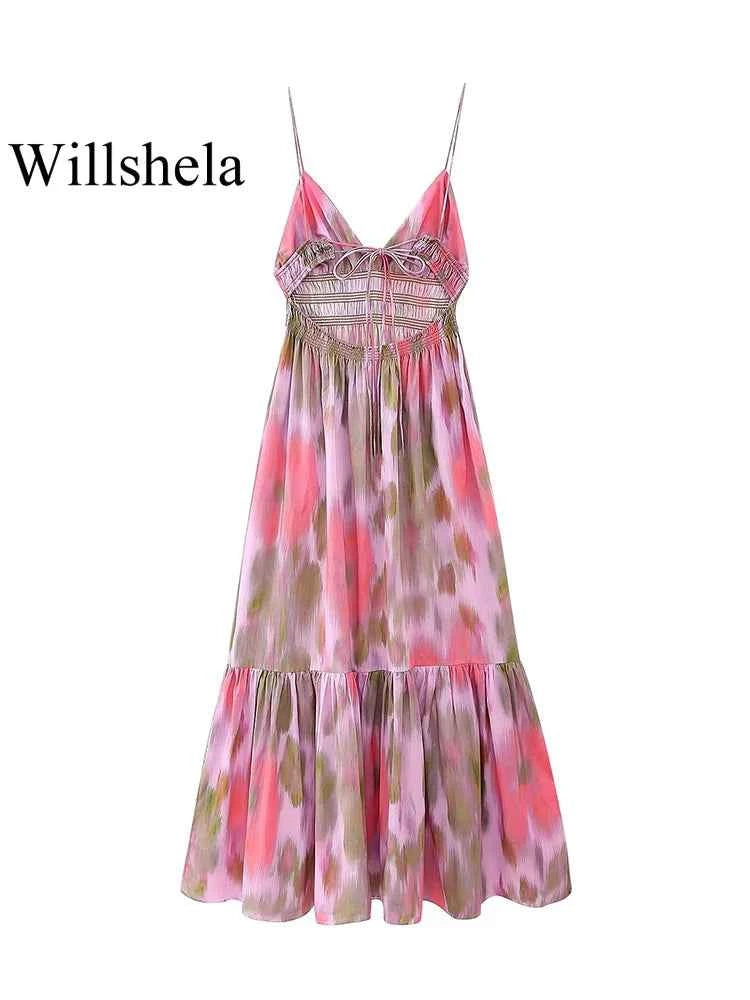 Willshela Women Fashion Printed Elastic Waist Backless Lace Up Midi Dress Vintage Thin Straps V-Neck Female Chic Lady Dresses