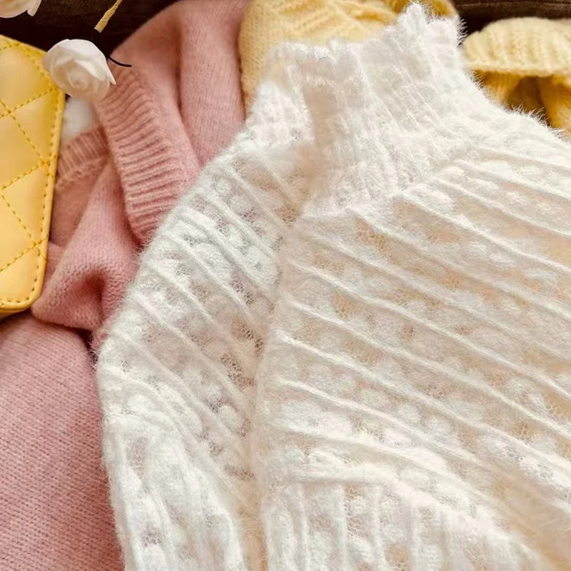 Lace Half Turtleneck Knitted Sweater Women Fall Winter Thick Warm Long Sleeve Pullover Korean Chic Slim Hollow Out Jumper New