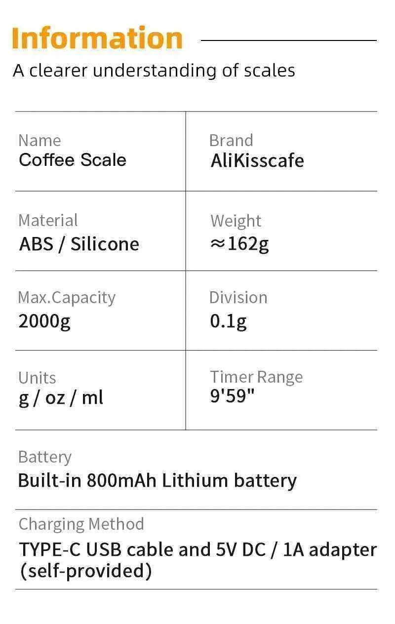 AliKisscafe Espresso Digital Scale With Timer Usb 3kg Electronic Precision Portable Barista Tool Kitchen Home Coffee Accessories