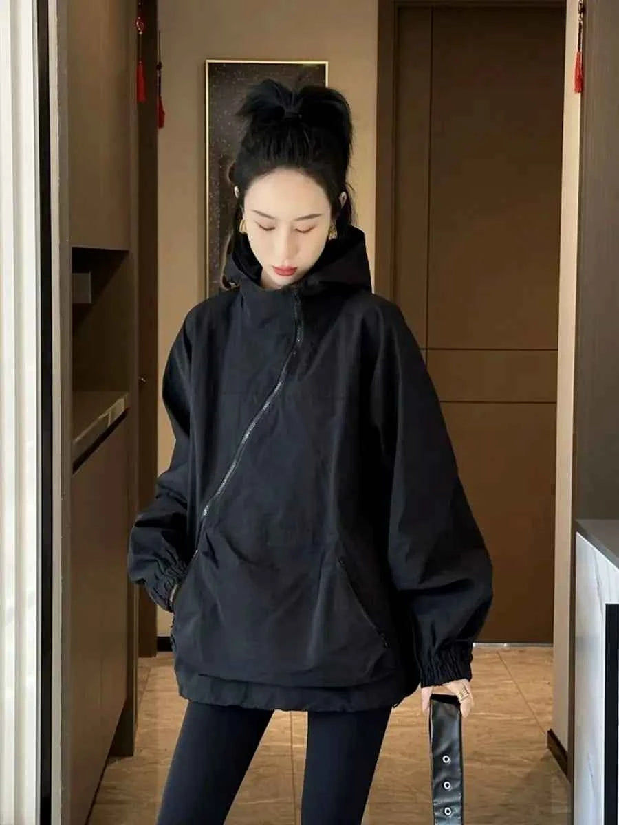 Women Hooded Jackets Diagonal Zipper Design Vintage Autumn Baggy Fashion BF Style Outdoor Chaqueta Mujer Leisure All-match Lady